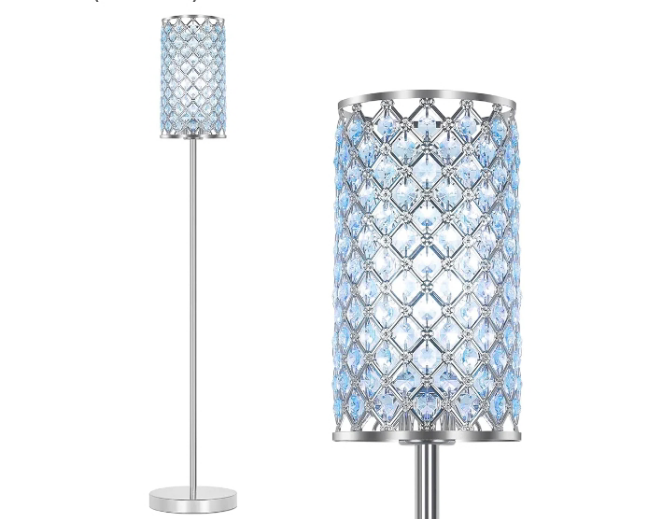 Crystal Floor Lamp with Glam Shade, Elegant Standing Lamp with On/Off Foot Switch & Silver Base, Corner Pole Lamp for Girls Bedroom, Living Room, Office (E26 Base)