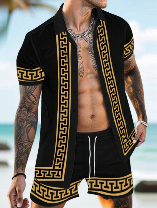 Sexy Geometric Print Front Button Short Sleeve Shirt And Shorts Casual Suit
