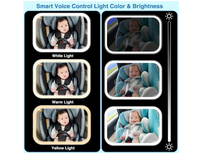 Smart Baby Car Mirror with Lights, Voice Control Safety Car Seat Mirror for Baby Rear Facing Infant with Wide Crystal Clear View, Shatterproof, Fully Assembled, Crash Tested and Certified