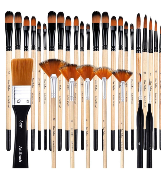 32 Pieces Paint Brush Set, Artist Series, Nylon Bristles with Round, Filbert, Flat, Fan, Angle, Detail Brush, Suitable for Artists and Beginners for Acrylic Painting, Oil, Watercolor, Gouache