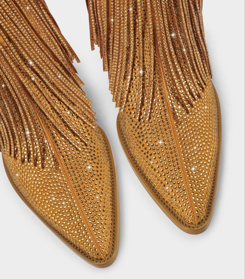 Cowgirl Boots Rhinestone with Sparkly Fringe Pointed Toe Western Boot Chunky Heel Pull-On Wide Calf