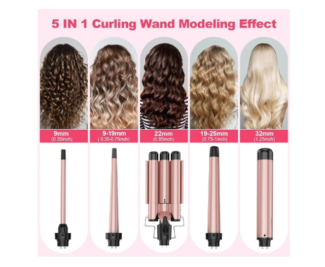 Curling Wand Set, Curling Iron Interchangeable 3 Barrel Curler with Ceramic Tourmaline Professional 5 in 1 Wand Curling Iron,for Women with Curler and Waver