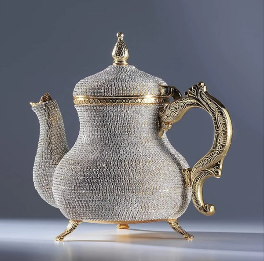 Gorgeous Handmade Gold Decorative Teapot Pitcher – Turkish Moroccan Arabic Style, Crystal Embellished, 2.6 lb, 8x7", Ornate Zamak Kettle for Home Décor & Display – Handmade in Turkey