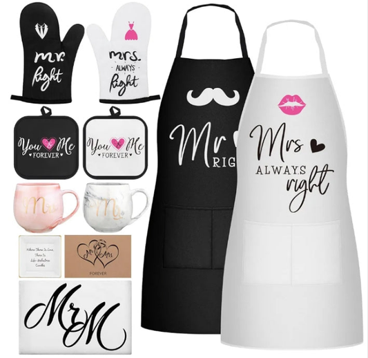 10 Pcs Couple Gifts Engagement Gifts for Couple Mr and Mrs Aprons Gift Set Include Aprons Mats Mugs Gloves Jewelry Plate Dish Towel Card Cool Bridal Shower Gifts for Bride and Groom Newlyweds