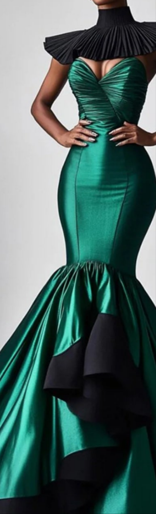 High Neck Asymmetrical Hem Fishtail Satin Maxi Dress-Dark Green [Custom-Made]COCOMONEY