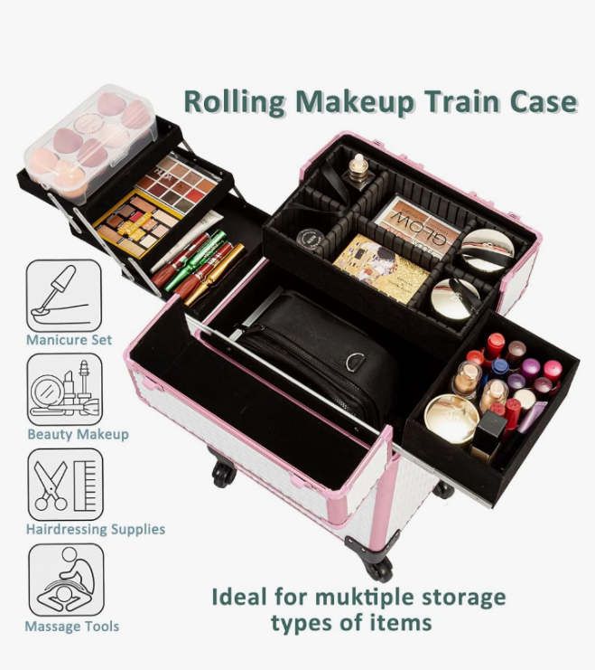 Rolling Makeup Train Case, Large Storage Cosmetic Trolley 4 Tray with 360° Swivel Wheels Keys, Large Storage Traveling Cart Trunk, Cosmetic Train Cases for Nail Technicians Hairstylist,