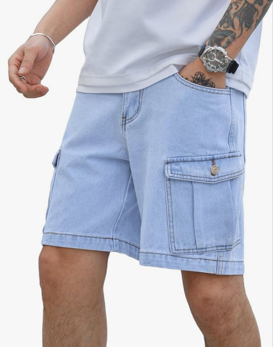 Men's Casual High Waist Straight Leg Denim Cargo Shorts with Pockets