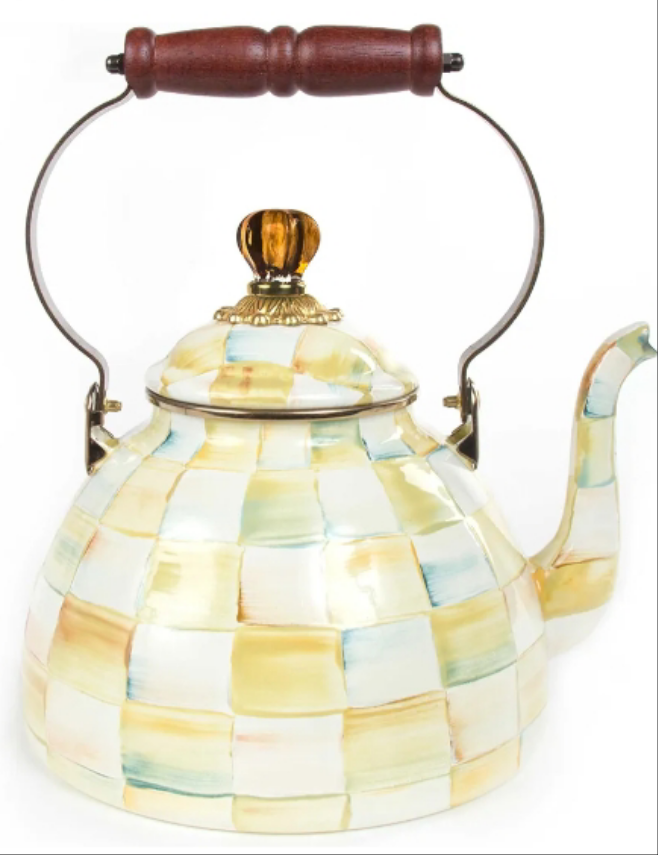 King Collection Enamel Tea Kettle, Stylish Tea Kettle for Stovetop, Royal Check, 3 Quarts