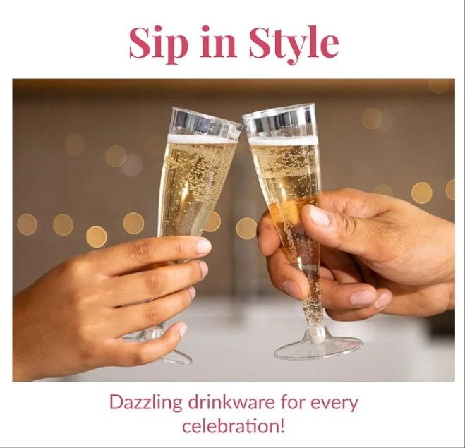 24 Plastic Champagne Flutes Disposable - Silver Glitter Plastic Champagne Glasses, Elegant Plastic Toasting Cups for Weddings, Cocktail Parties, New Year's Celebrations