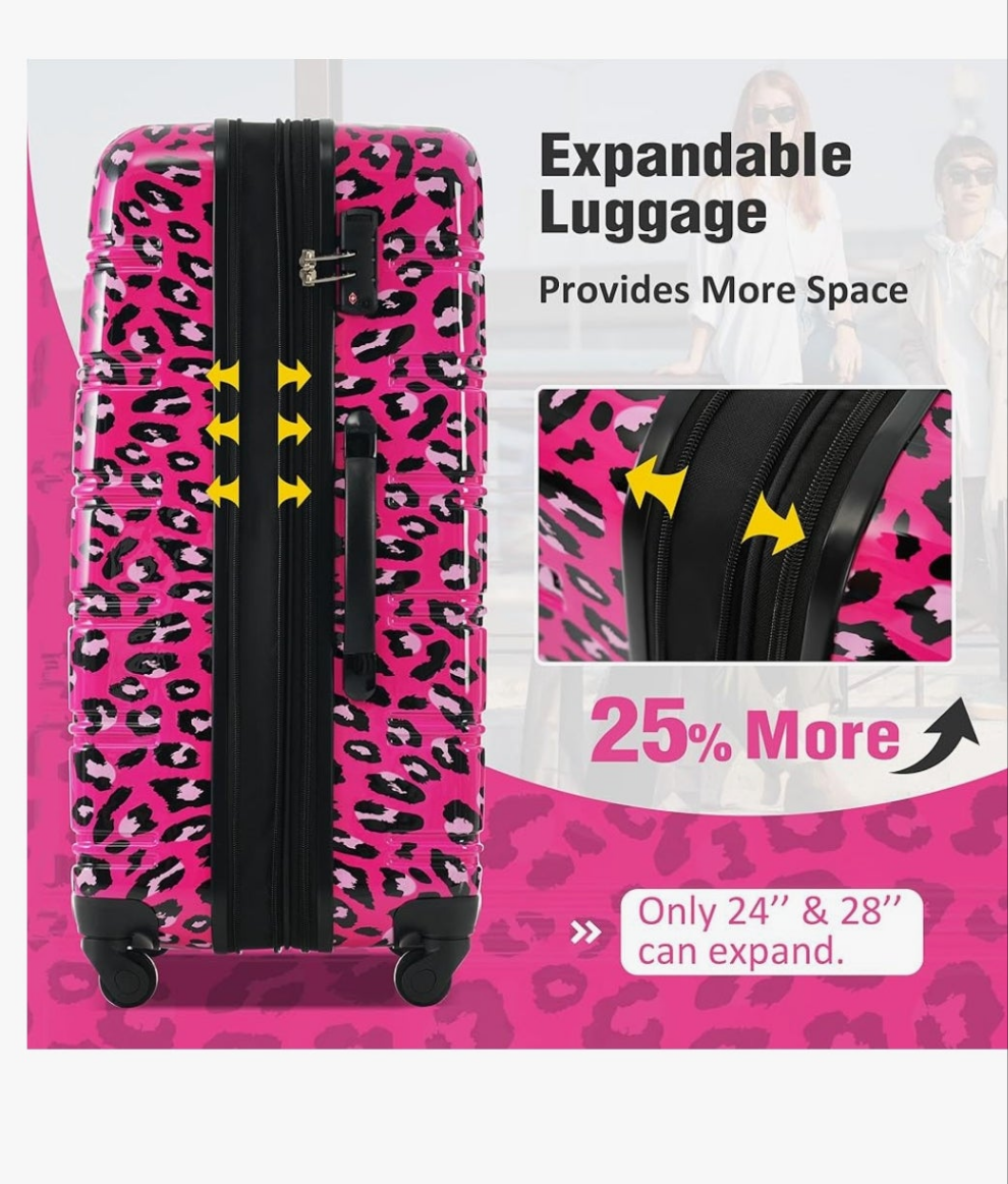Luggage Sets 3 Piece, Hardside Expandable Suitcase Set with Spinner Wheels, Lightweight Leopard 20+24+28 IN Suitcase with Carry on Luggage, Leopard