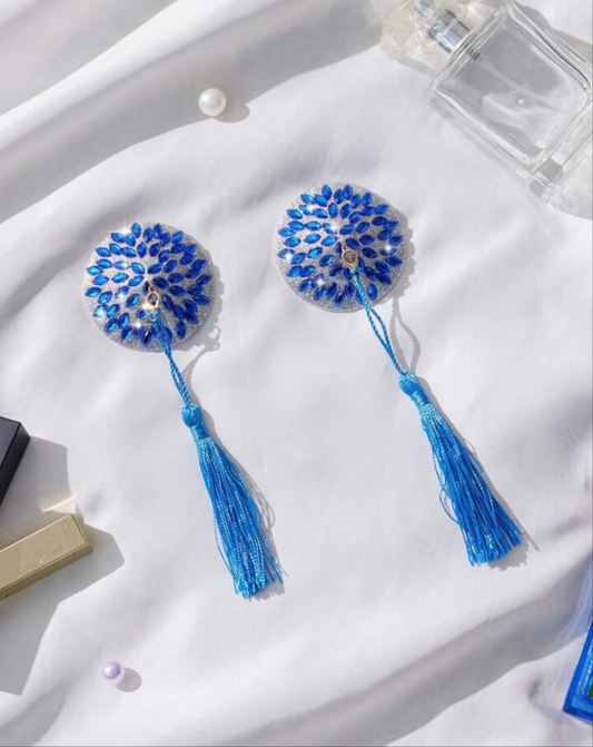 Blue bling nipple pasties with tasselse
