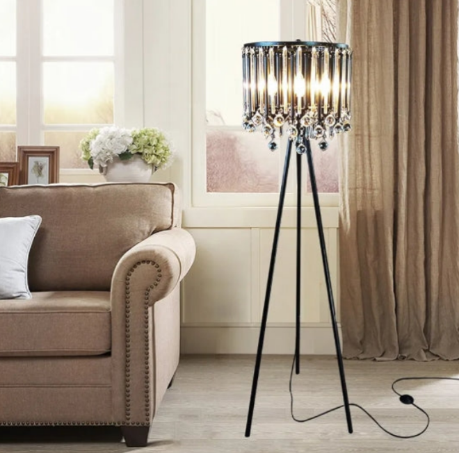 Unique Romance Crystal Tripod Floor Lamp Black Suitable for Bedroom,Living Room,Coffee Shop,4 Lights