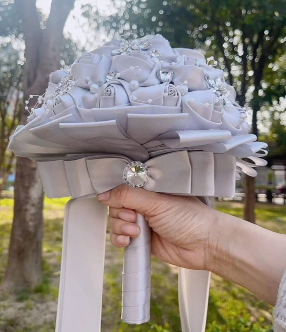 One Big Size(8.26) Diamond Bridal Wedding Bouquet Bridesmaid Toss Bouquet Foam Rose Bouquet with Ribbon