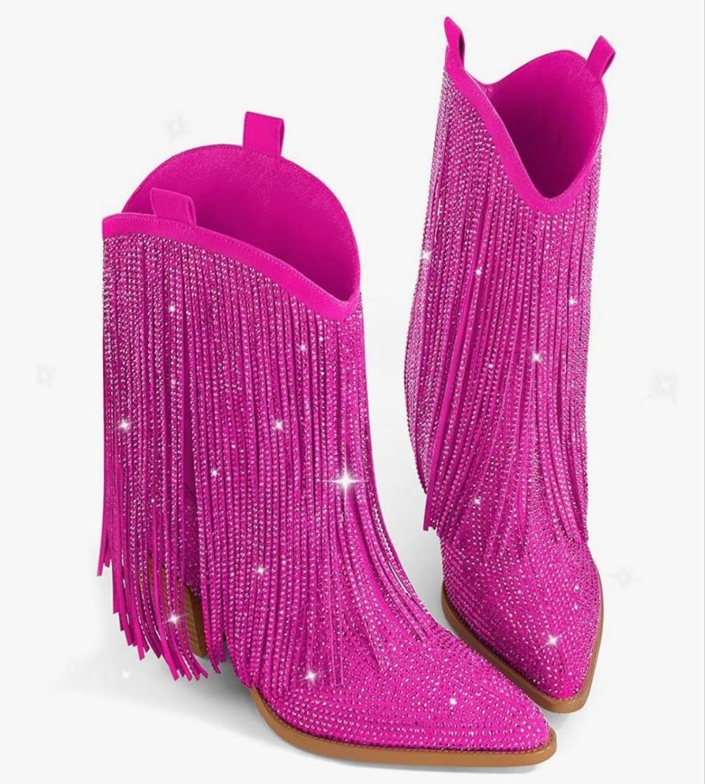 Cowgirl Boots Rhinestone with Sparkly Fringe Pointed Toe Western Boot Chunky Heel Pull-On Wide Calf