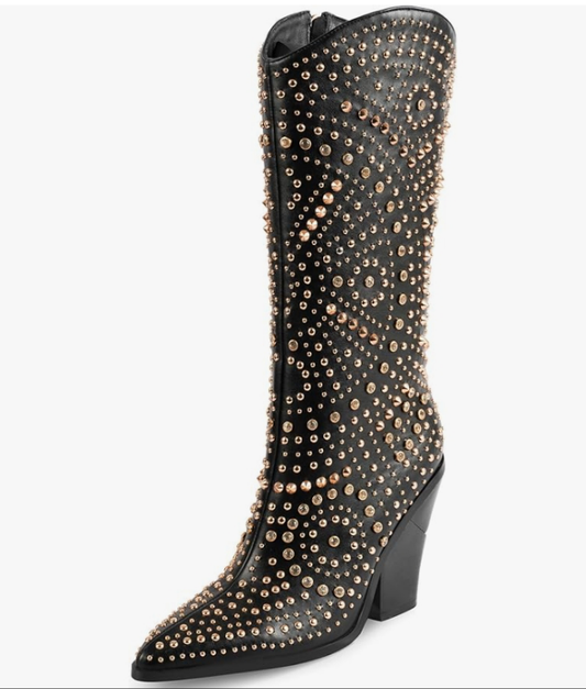 Womens Boots Pointed Toe and Chunky Heel Boots for Women Luxurious Studded Boots Tall Boots with Metallic Rivets,