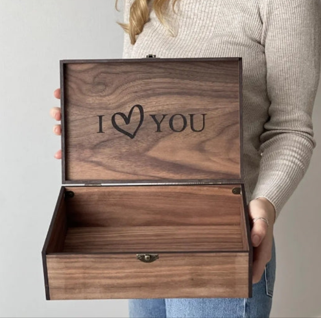 Memory Keepsake Wooden Love Box - Wedding, Engagement, Anniversary Couple Gift for Him, Her, Boyfriend, Girlfriend, Sister, Brother (Small, Oak or Walnut