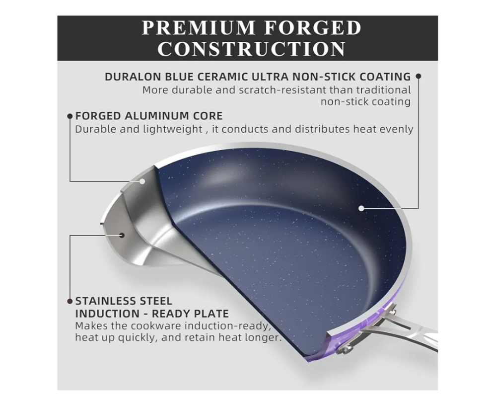 Ceramic Nonstick Cookware Set, Diamond Infused Scratch-Resistant, PFAS Free, Dishwasher & Oven Safe, Induction Ready & Evenly Heats, Tempered Glass Lids & Stay-Cool Handles