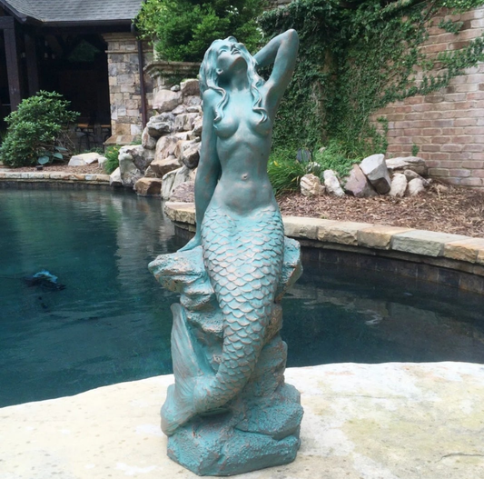 Sexy Mermaid on Coastal Rock Statue Outdoor Waterproof Porch Garden Pool Side Decor Bathroom