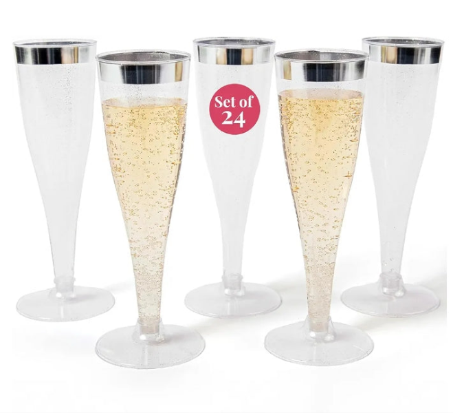 24 Plastic Champagne Flutes Disposable - Silver Glitter Plastic Champagne Glasses, Elegant Plastic Toasting Cups for Weddings, Cocktail Parties, New Year's Celebrations