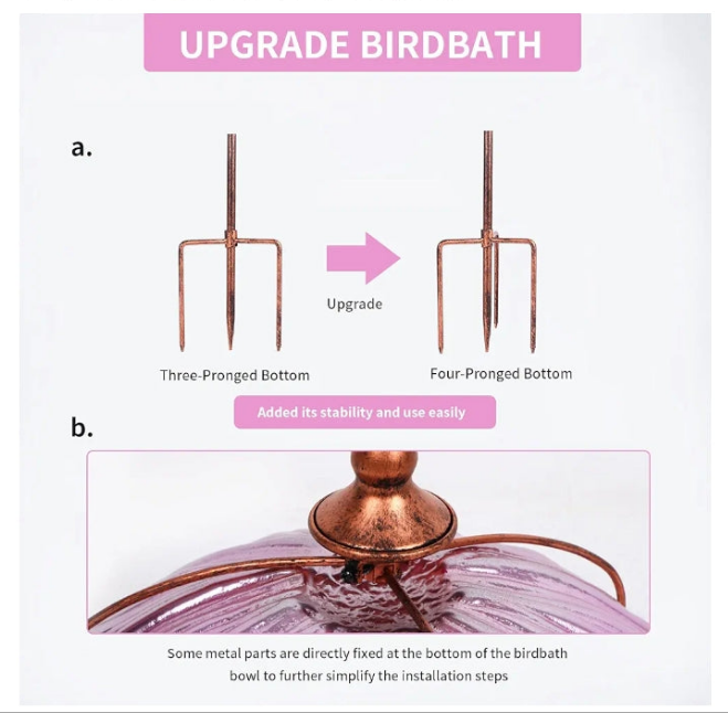 31 Inch Height Glass Birdbath Birdfeeder with Metal Stake Garden Yard Outdoor