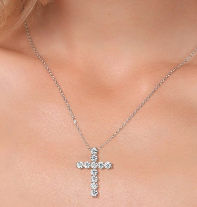 Moissanite Cross Necklace | 925 Sterling Silver | 2.53 Cttw | 1.20 Inch | Jesus Christian Reiligous Crucifix Jewelry Pendant Necklace for Women | with 18 Inch Silver Chain