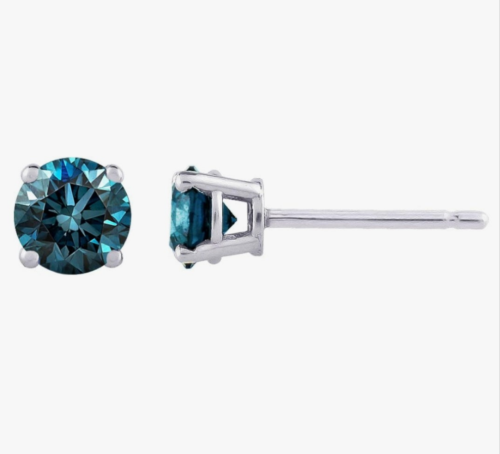 Blue - I1 Round Brilliant Cut Diamond Earring Studs in 14K Gold COCOMONEY