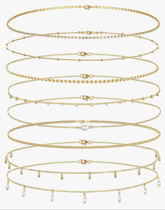 8Pcs Waist Belly Chain 18K Gold Plated CZ Heart Pearl Snake Bead Sequin Paperclip Belly Chain Summer Beach Sexy Body Chains Jewelry Accessories for Women Adjustable