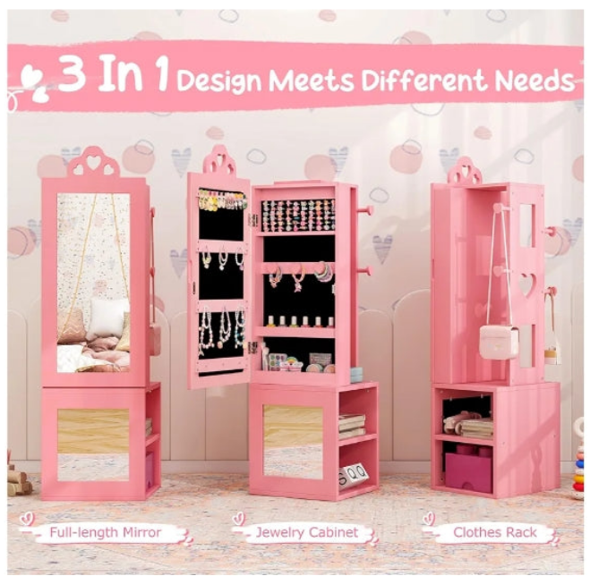 Kids Jewelry Armoire Cabinet, 46" Standing Jewelry Organizer with Full-Length Mirror, Rear Storage Shelves, Garment Rack, Kids Vanity Dress Up Mirror Jewelry Cabinet