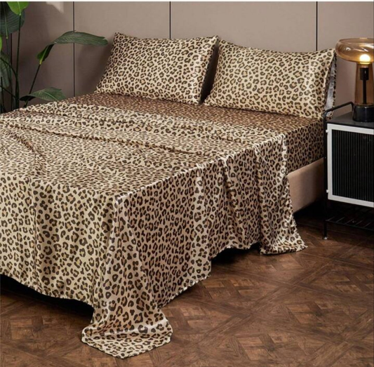 Luxury Satin Sheet Set Leopard Pattern Silky Bed Sheet With Fitted Sheet Pillowcase Ultra Soft Wrinkle Free