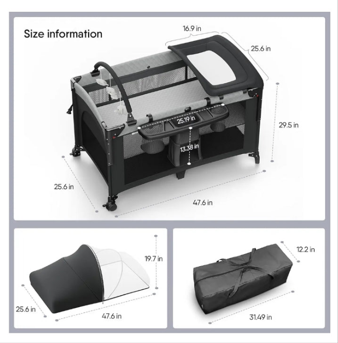 4 in 1 Baby Bassinet with Bedside Sleeper, Baby Crib, Playard, Changing Table, Comes with Toy Bar, Mattress, Mosquito Net, Bottom Storage - Obee Odee