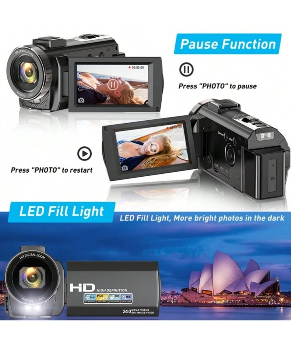 Nicamery Video Blogging Camera Recorder FHD 1080P 24.0MP 3.0 Inch 270 Degree Rotatable Screen 16X Digital Zoom Camcorder With Microphone, Remote Control And 2 Batteries