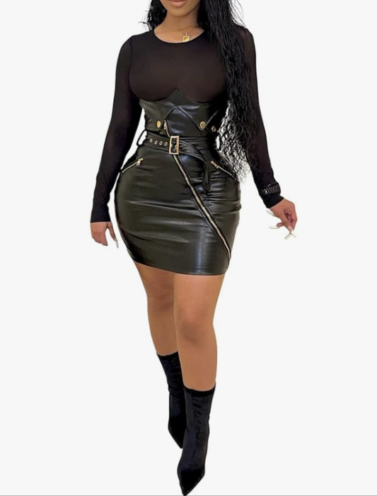 Sexy Faux Leather Mini Dress Sheer Mesh Patchwork Long Sleeve Bodycon Dresses Party Club Outfits
