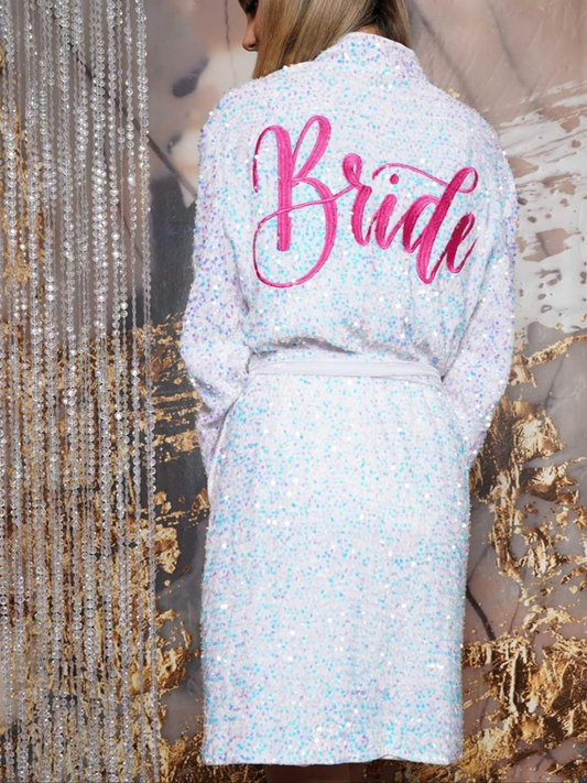 Bride Robe - Iridescent Sequin Velvet Bridal Robe with Bride Embroidery - Wedding Day, Bachelorette, Bridal Shower, Getting Ready Outfit one size