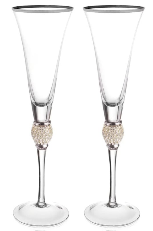 Wedding Champagne Flutes Toasting Glasses, 7oz Set of 2
Rhinestone, DIAMOND, Studded, Gold Rim, Long Stem, 11-inches Tall, Elegant Glassware, Stemware, wedding