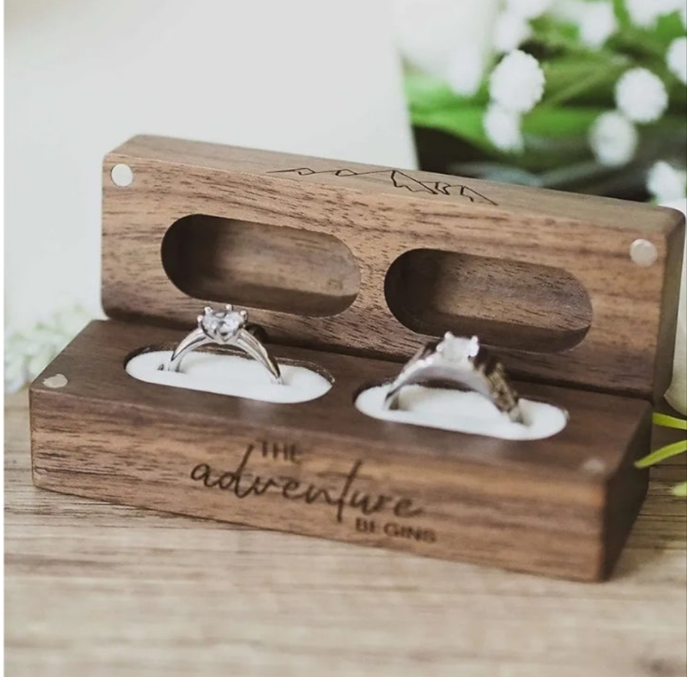 2 Ring box for wedding -Rustic Vintage Solid Wood rectangle Jewelry Storage Box