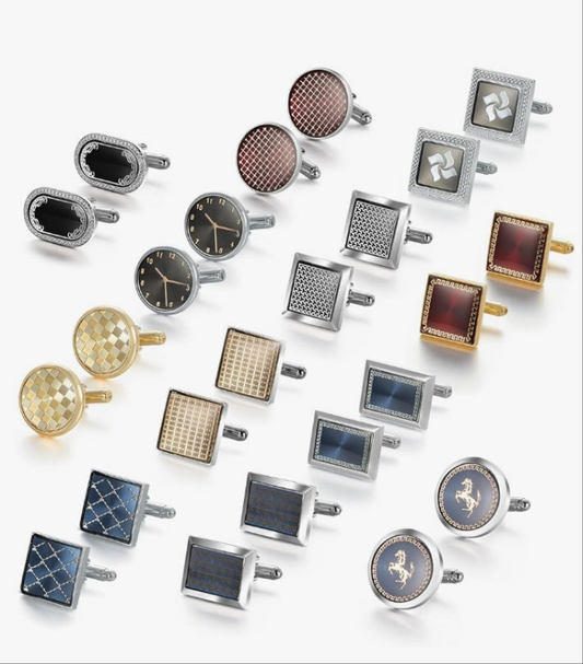 12 Pairs, Classic Fashion Men's Cuff Links Silver-Tone Gold-Tone Black for Business Wedding Party Gift Box