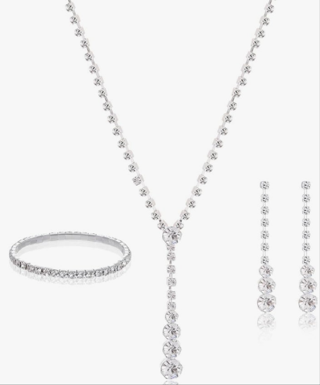 Women Jewelry Set Silver Necklace Earrings Bracelet Rhinestone Crystal Bridal Wedding Jewelry Sets for Brides Bridesmaid Wedding Party