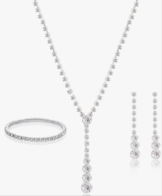 Women Jewelry Set Silver Necklace Earrings Bracelet Rhinestone Crystal Bridal Wedding Jewelry Sets for Brides Bridesmaid Wedding Party