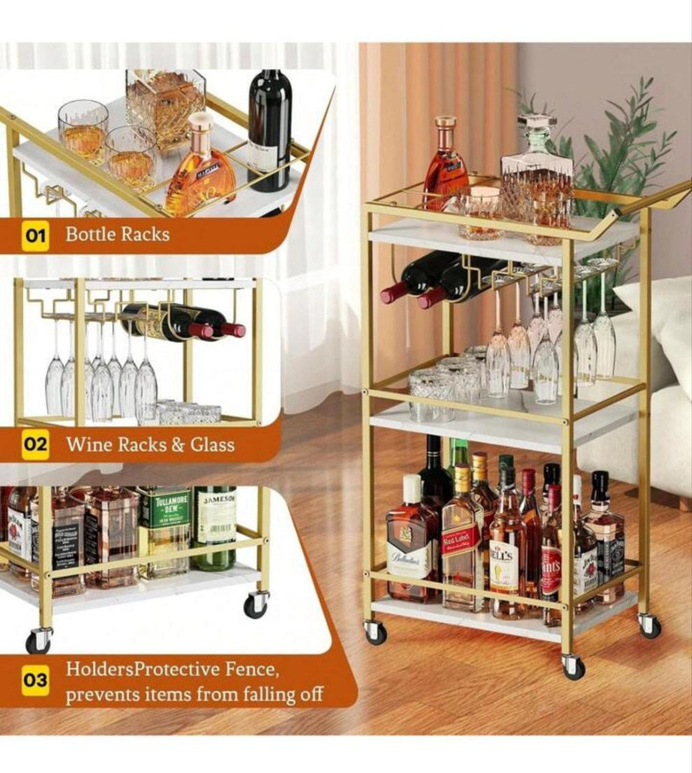 3 Tier Bar Cart, Mini Liquor Utility Cart For Wine Beverage Dinner Party, Rolling Wine Coffee Drink Serving Cart With Lockable Wheels For Home Kitchen Bars 1 cart