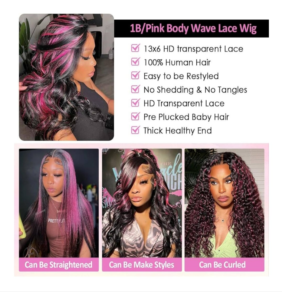 30 Inch Ombre Lace Front Wig Human Hair 13x6 1B/Pink 210% Density Highlight Wig Human Hair HD Body Wave Lace Frontal Pink And Black Colored Glueless Wigs Human Hair