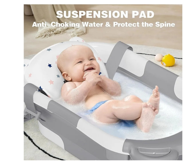 Collapsible Baby Bathtub for Newborn with Thermometer & 1 Hooded Towel & 1 Soft Floating Cushion,Portable Travel Bathtub with Drain Hole, Durable Foldable Baby Tubs for Infants to Toddler
