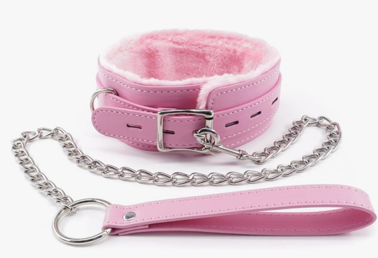 Women Pink Leather Fur-Lined Collar and Leash Set, Sex Toys Leather Necklace Choker for Games