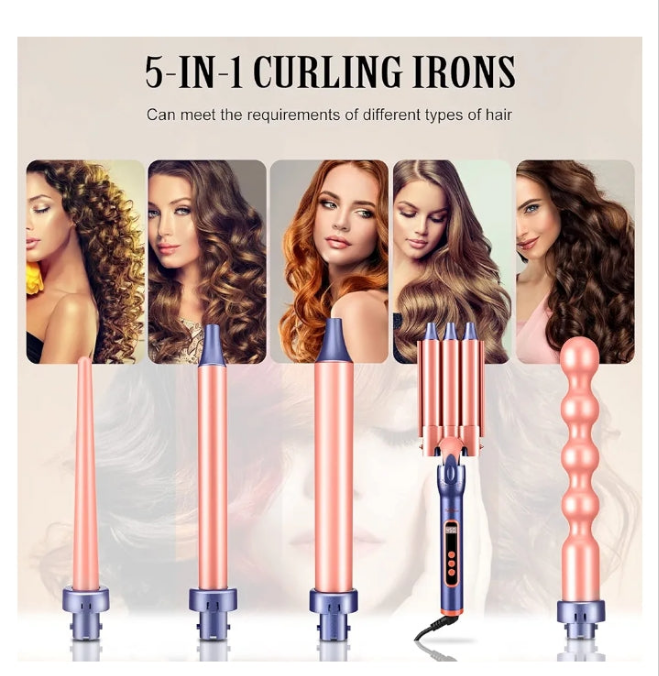 Curling Iron, 3 Barrel Hair Curler Beach Waver All in One Curling Wand with Interchangeable Ceramic Barrels and Heat Protective Glove, LCD Display, Instant Heating, Temperature Adjustment