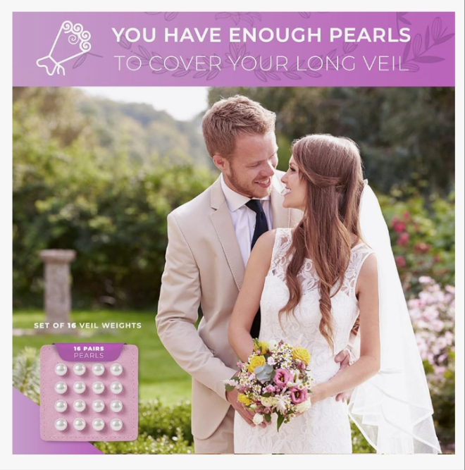 Pearl Veil Weights - 16 Pairs of Magnetic Bridal Veil Weights - Secures Long Veils for Outdoor Weddings - Premium Wedding Accessories for The Bride