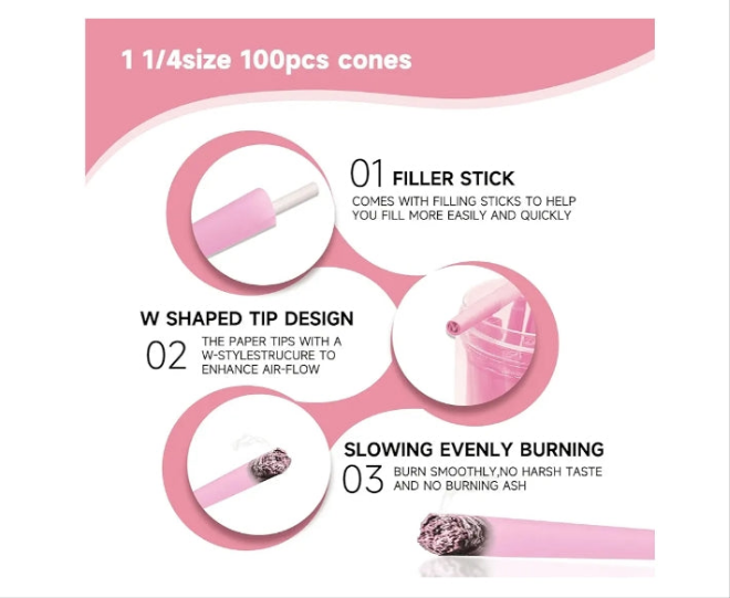 MaterialNatural Fibers
Material FeatureNatural
Sheet Count100
Sheet Size108mm or 4.2 inches
Product Dimensions4.2"L x 4.2"W
Include:100 PCS pre Rolled Cones with Loader and Packing Sticks
Material：It uses finest natural fibers to make colorful pre roll co