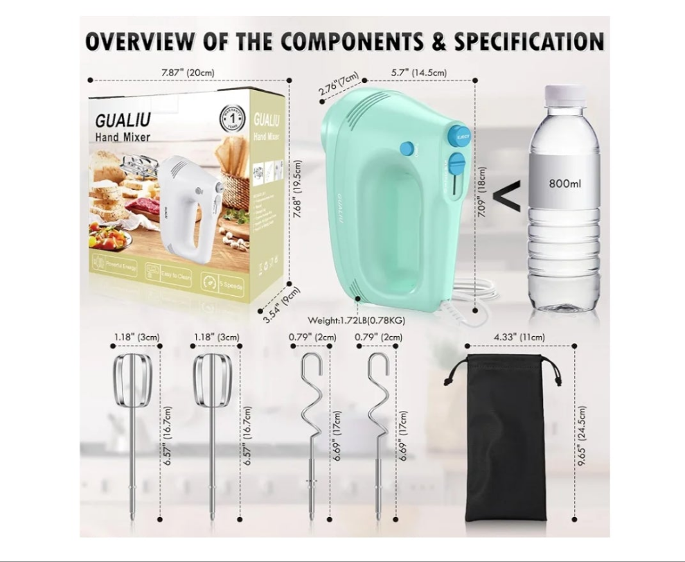 Electric Hand Mixer with Stainless Steel Whisk, Dough Hook Attachment and Storage Bag, Handheld Mixer for Baking Cakes, Eggs, Cream Food Mixers. Turbo Boost /5 Speed Kitchen Blender