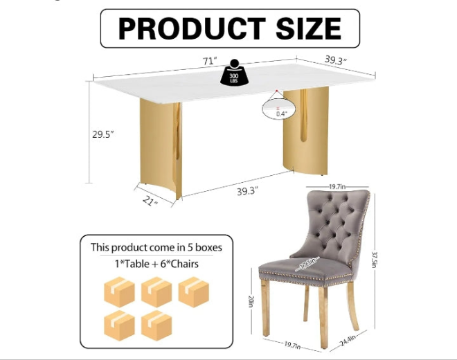 Dining Table Set for 6, White Imitation Marble Glass Desktop with Golden-Plated Base, 71'' Kitchen Table and Upholstered Dining Chairs (1 Table with 6 Blue Velvet Dining Chairs)