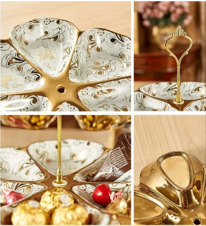 GOLD PLATED Fruit Basket Cupcake Stand Party Tray Fruit Bowl European Gold-Plated Ceramic Living Room Dried Fruit Candy Dish Multi-Layer Grid Tray Household 2 Layer Fruit Plate