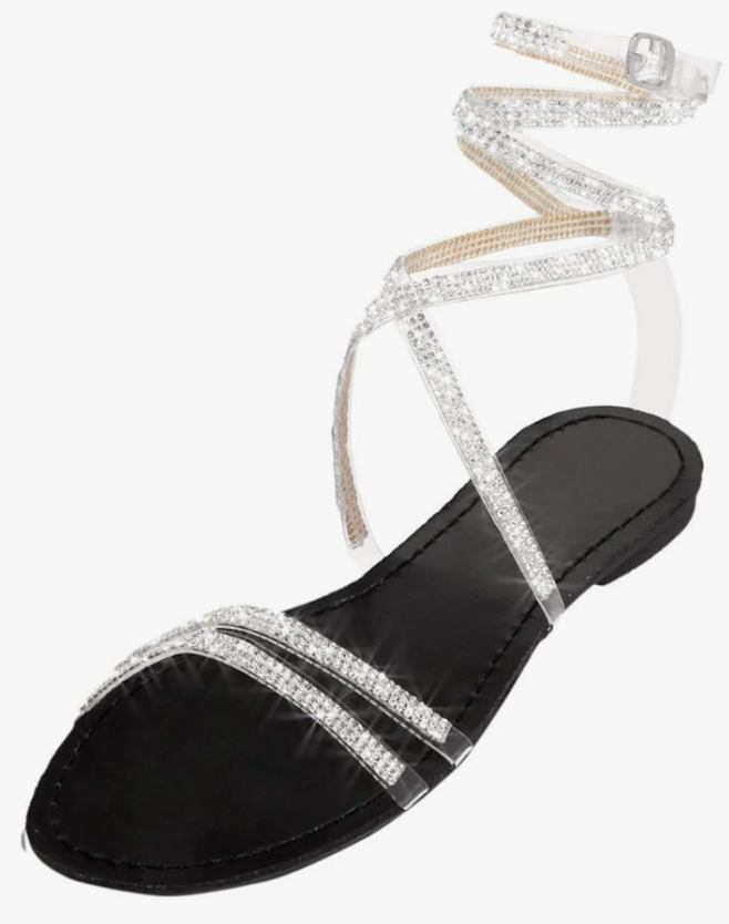 , Women's Rhinestone Strappy Sandals Fashion Flat Sandals Summer Dressy Peep Toe Sandals Cute Comfortable Dress Sandals
