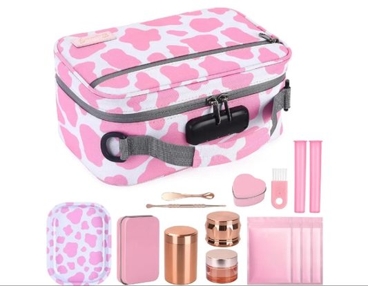 Large Storage Bag with 11 Small Items, Portable Storage Case with Combination Lock For Home and Travel(Cute Cow Print)Pink and white